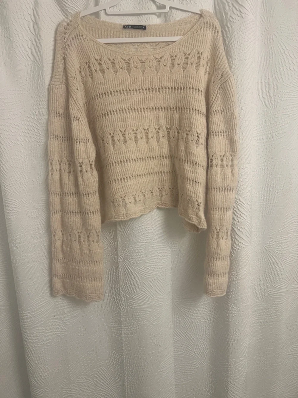 Zara Womens Cream Open Knit Pointelle Scoop Neck Cropped Sweater Size Medium - Picture 4 of 11
